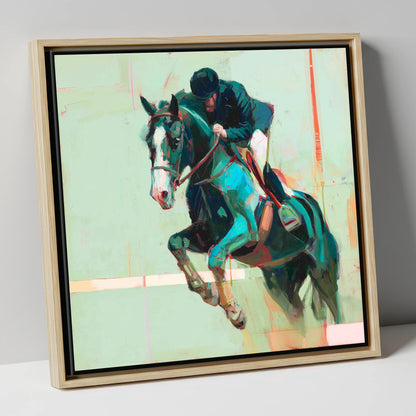 Airborne in Teal show jumping horse canvas wall art in natural frame
