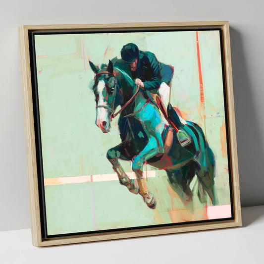 Airborne in Teal show jumping horse canvas wall art in natural frame