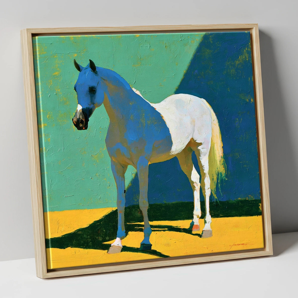 Grey Arabian with Blue Shadows horse breed canvas wall art in natural frame