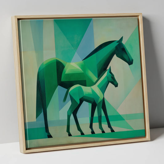 Facets in Emerald mare & foal canvas wall art in natural frame