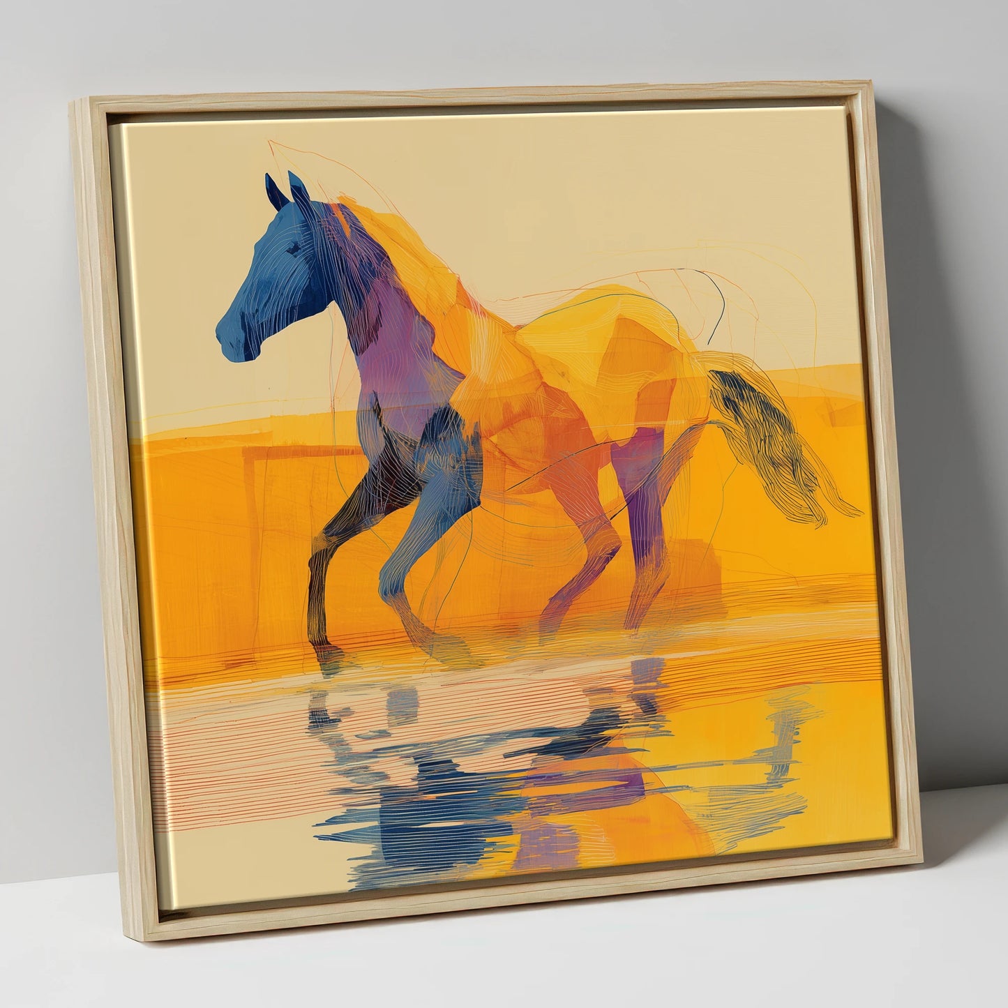 Golden Coastal Stride beach horse canvas wall art in natural frame