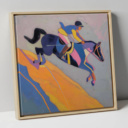 Vibrant Mid-Air Leap show jumping horse canvas wall art in natural frame