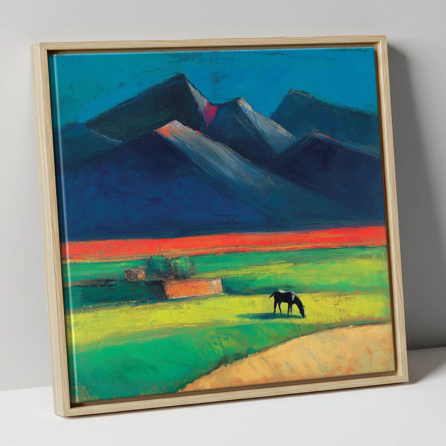 Grazing Beneath Indigo Peaks horse landscape canvas wall art in natural frame
