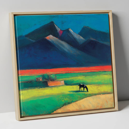 Grazing Beneath Indigo Peaks horse landscape canvas wall art in natural frame