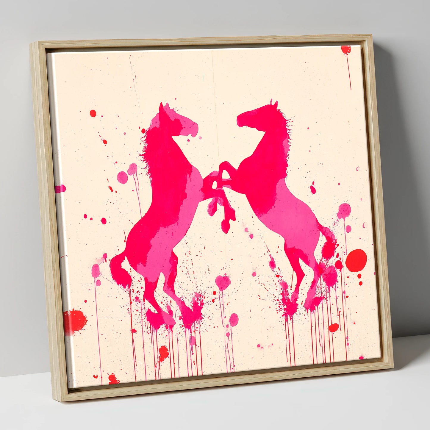 Rearing in Magenta wild horses canvas wall art in natural frame