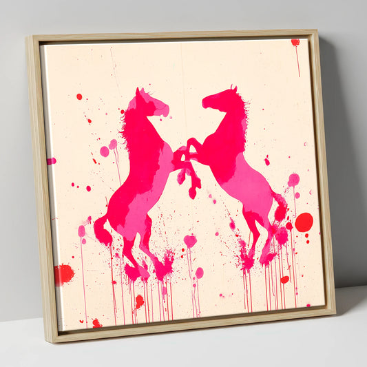 Rearing in Magenta wild horses canvas wall art in natural frame