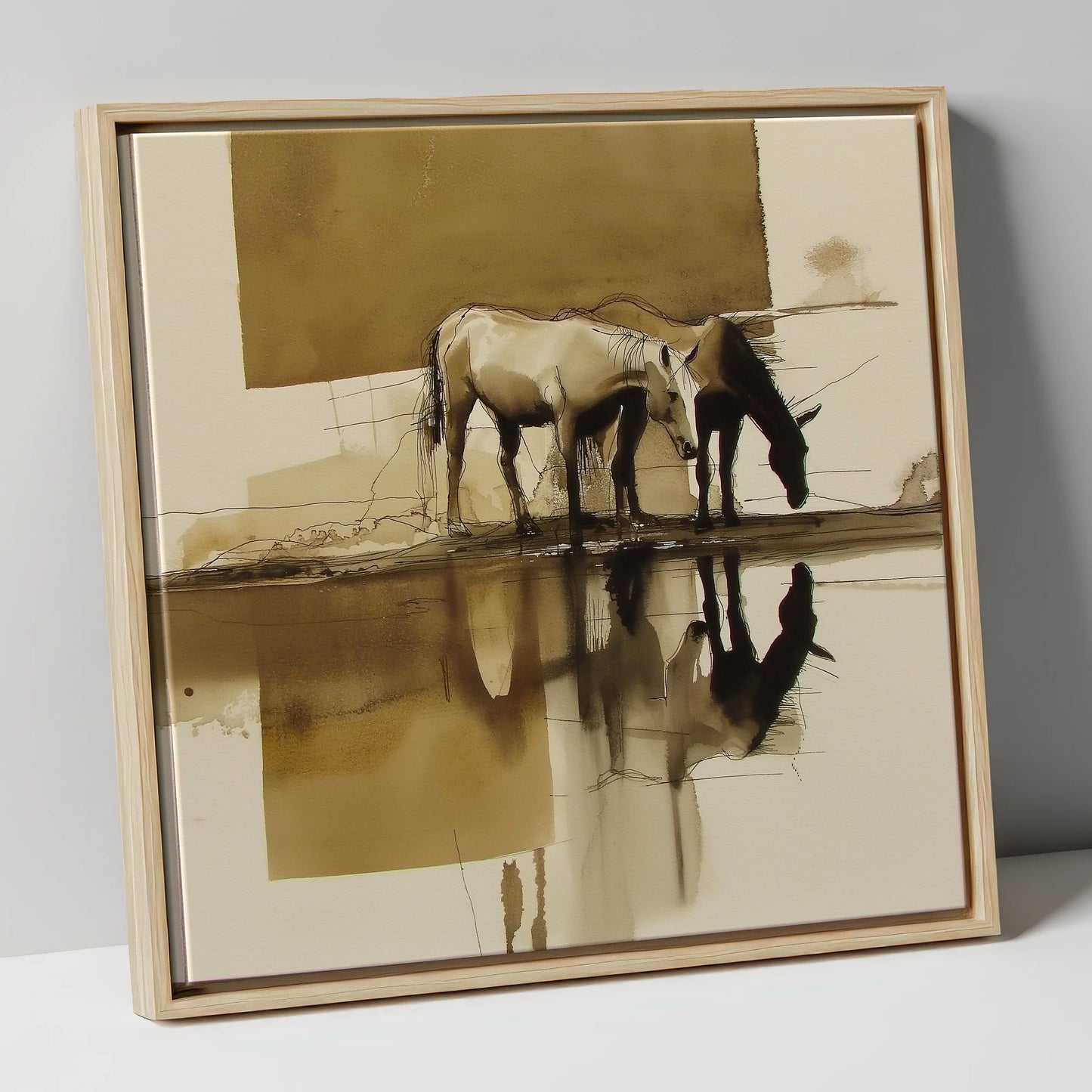 Sepia Reflections wild horses canvas wall art in natural frame