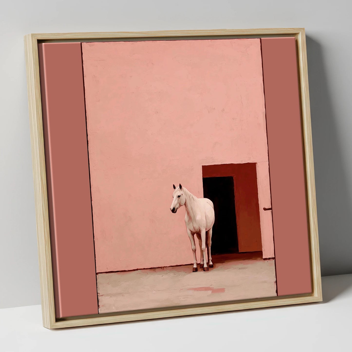 The Pink Courtyard horse stable canvas wall art in natural frame