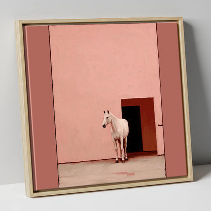 The Pink Courtyard horse stable canvas wall art in natural frame