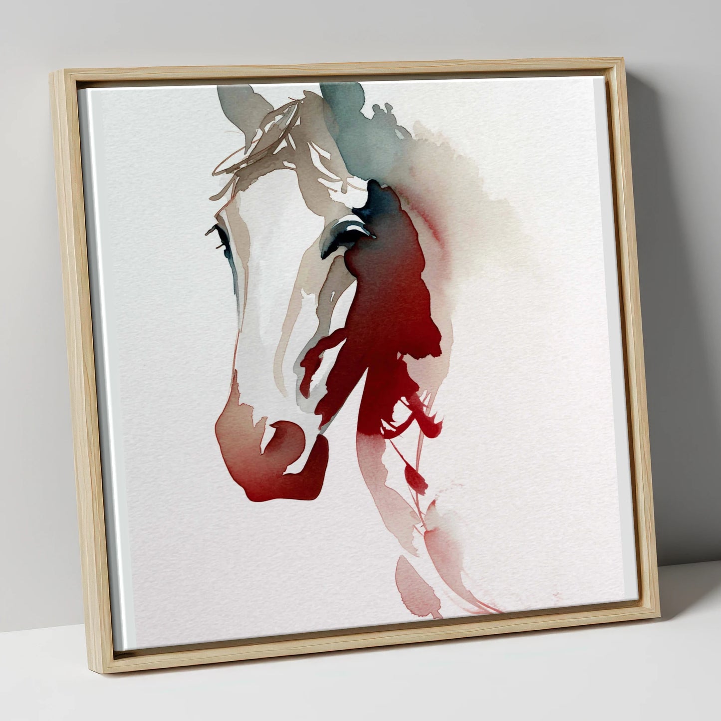 Ethereal Crimson Profile horse portrait canvas wall art in natural frame
