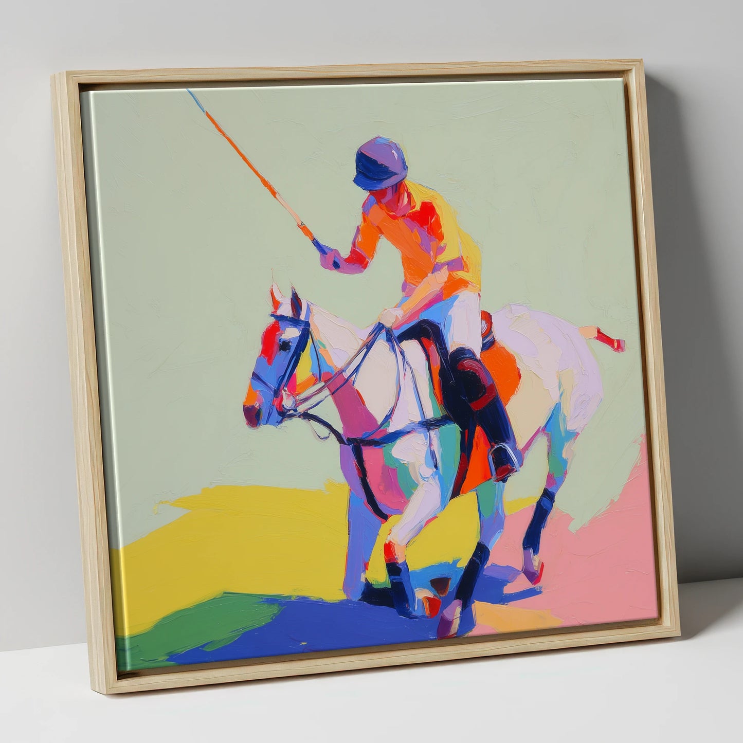 Vivid Midfield Strike polo horse canvas wall art in natural frame