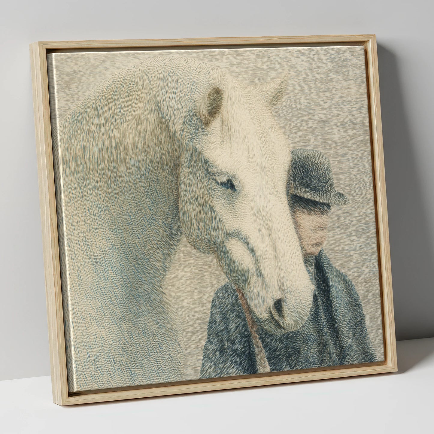 A Quiet Understanding horse & rider canvas wall art in natural frame