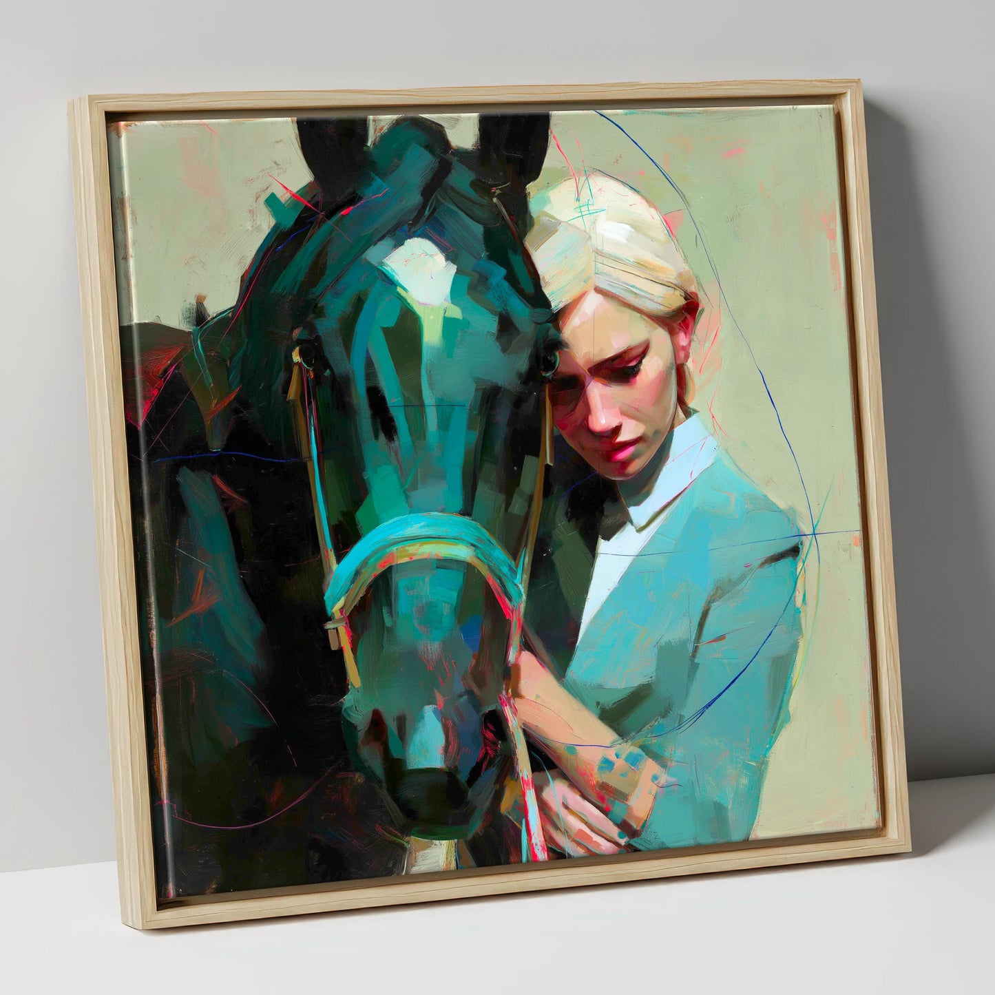 Silent Understanding horse & rider canvas wall art in natural frame