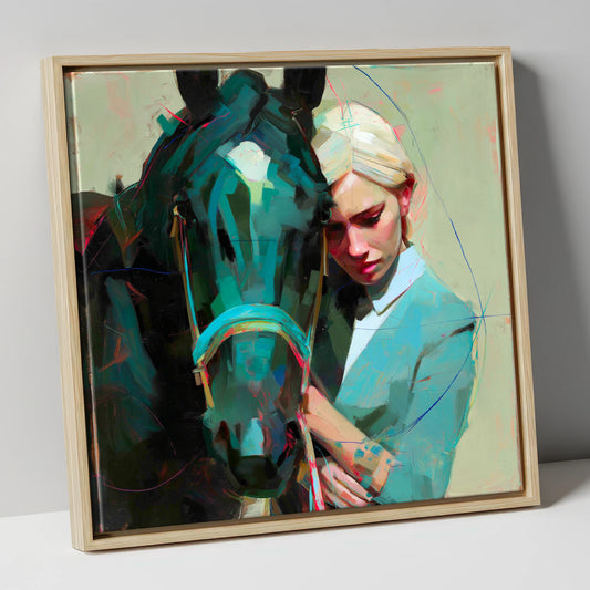 Silent Understanding horse & rider canvas wall art in natural frame