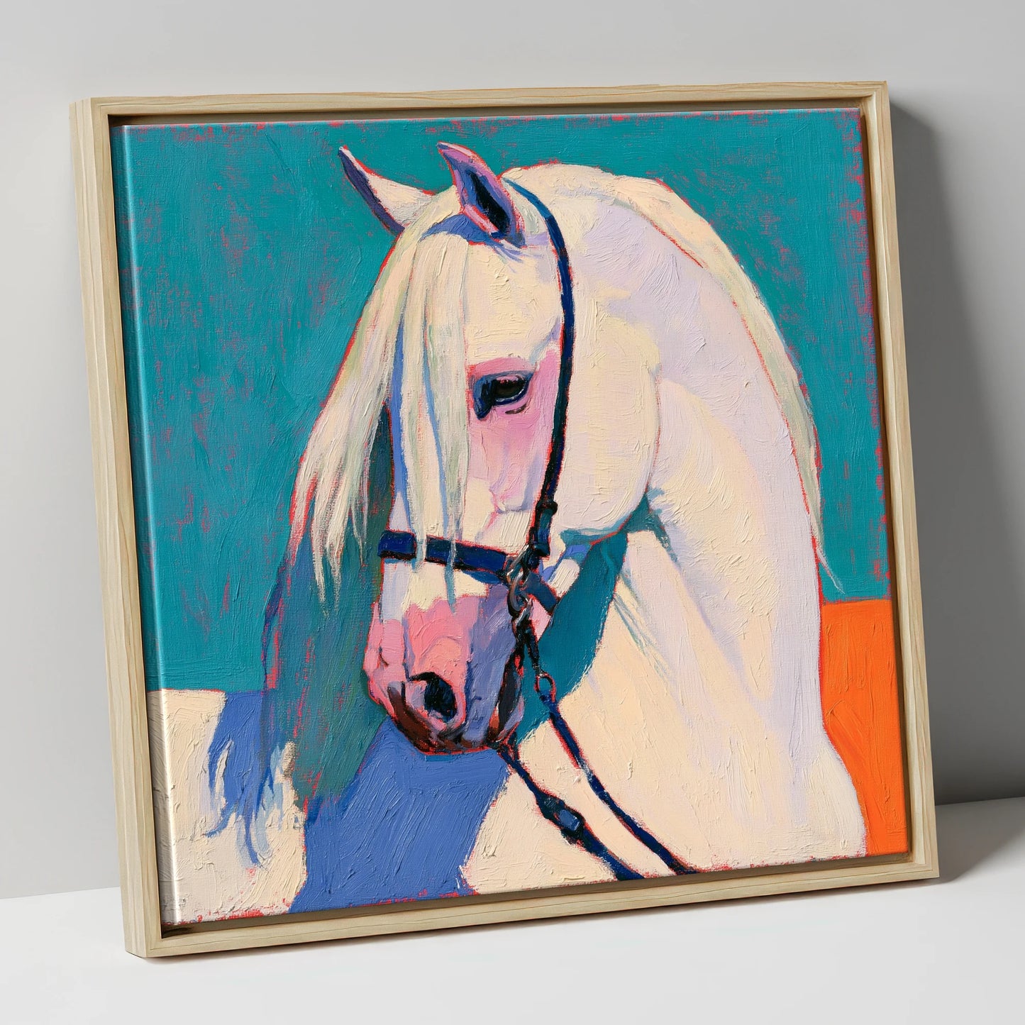 Vibrant Grey Horse on Teal horse breed canvas wall art in natural frame