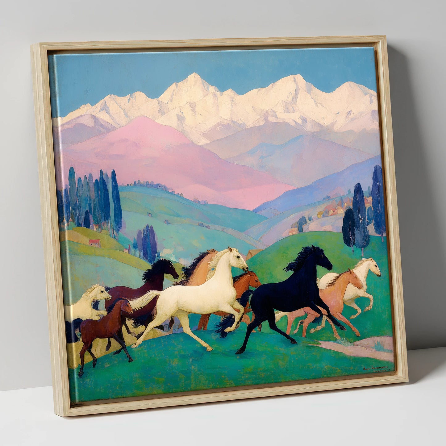 Vibrant Alpine Herd horse landscape canvas wall art in natural frame