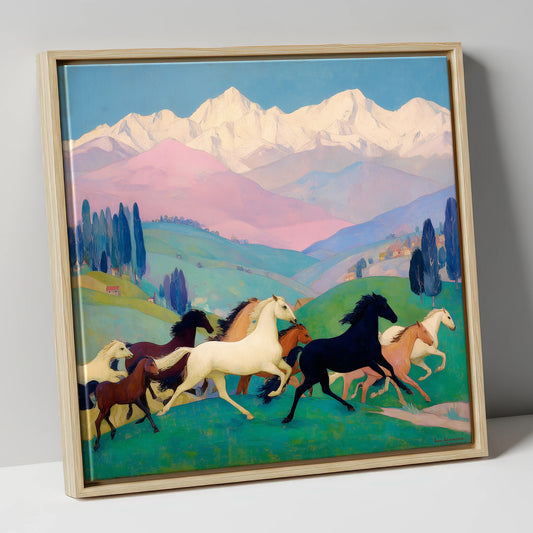 Vibrant Alpine Herd horse landscape canvas wall art in natural frame