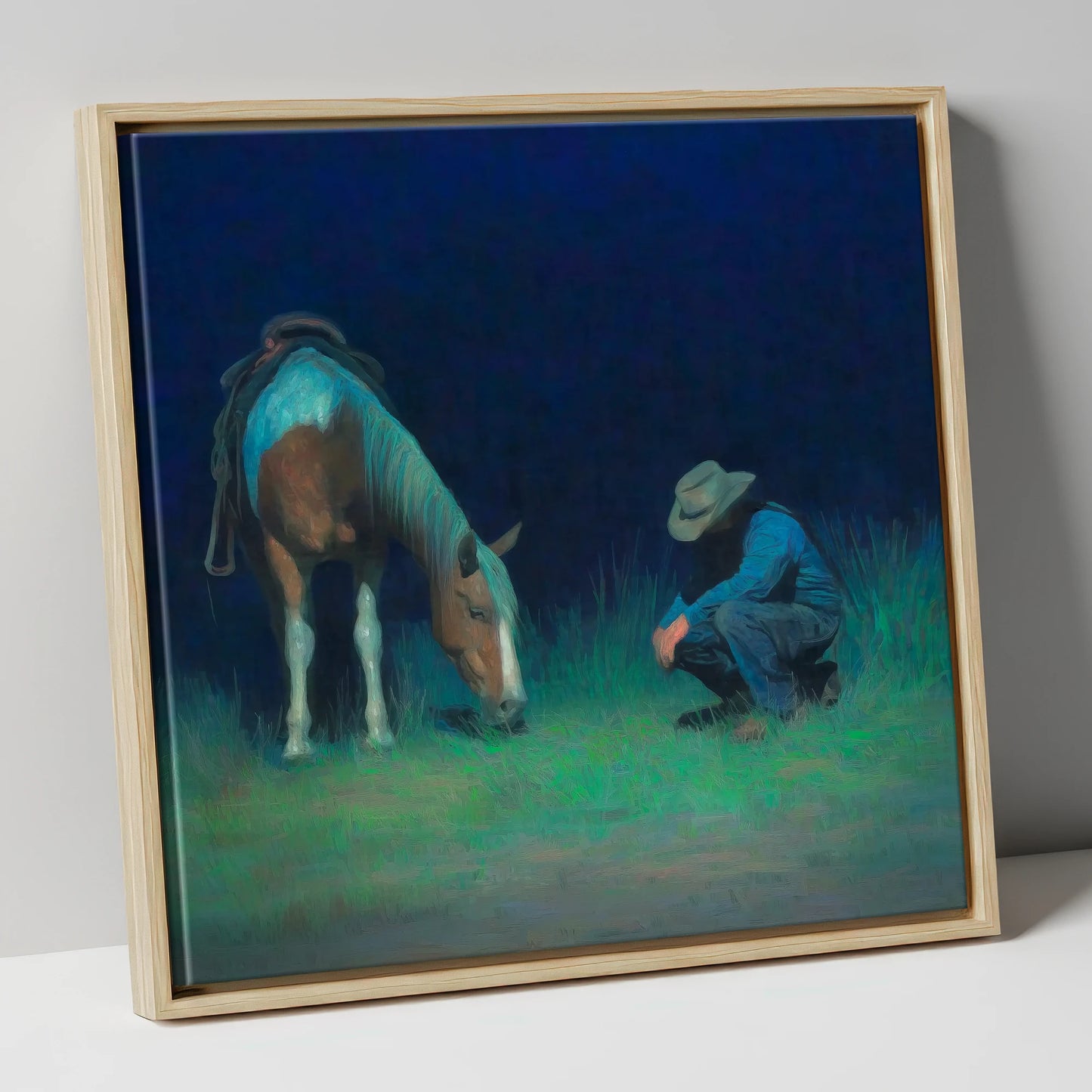Under An Indigo Sky horse & rider canvas wall art in natural frame