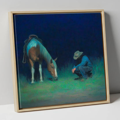 Under An Indigo Sky horse & rider canvas wall art in natural frame