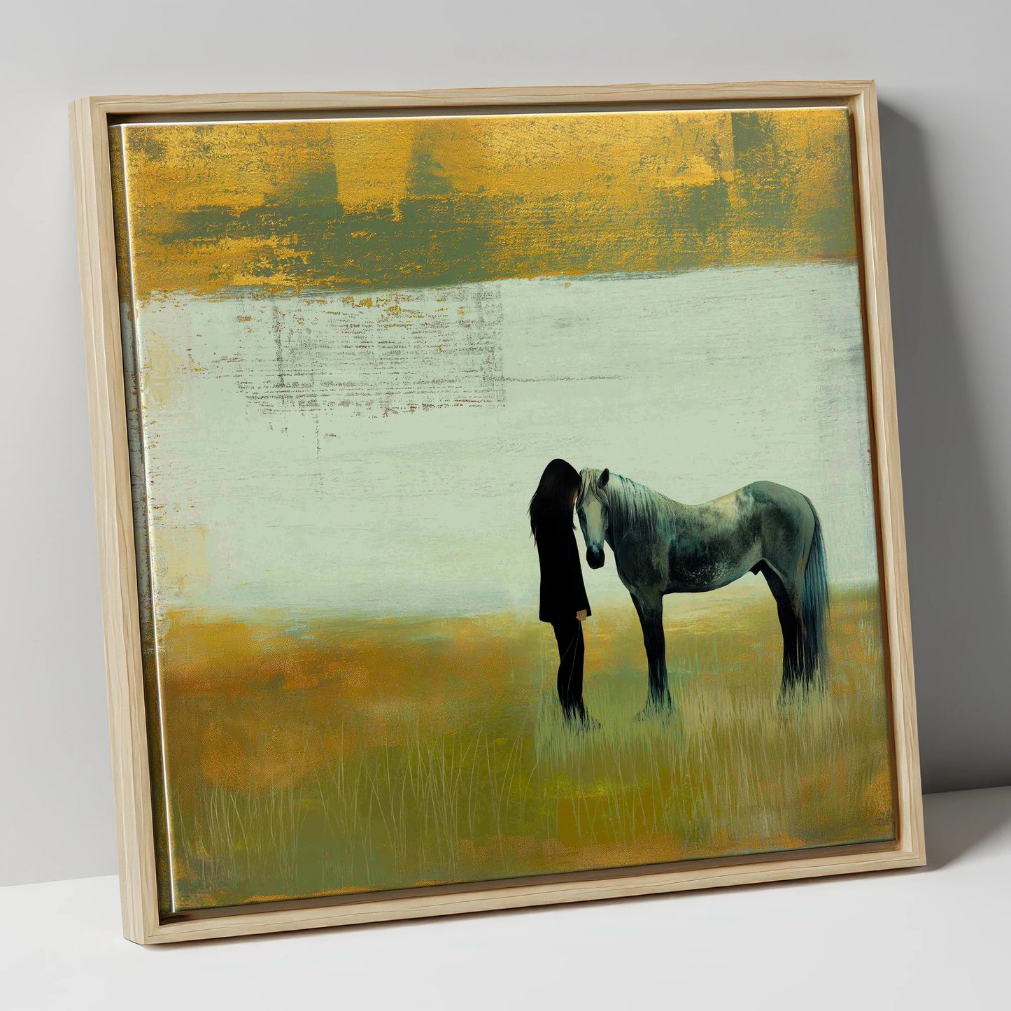 The Quiet Bond horse & rider canvas wall art in natural frame