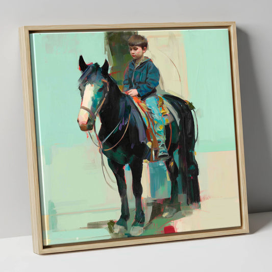 The Quiet Partnership horse & rider canvas wall art in natural frame