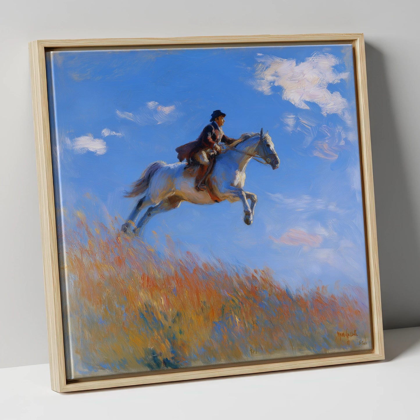 Clearing the Crest show jumping horse canvas wall art in natural frame