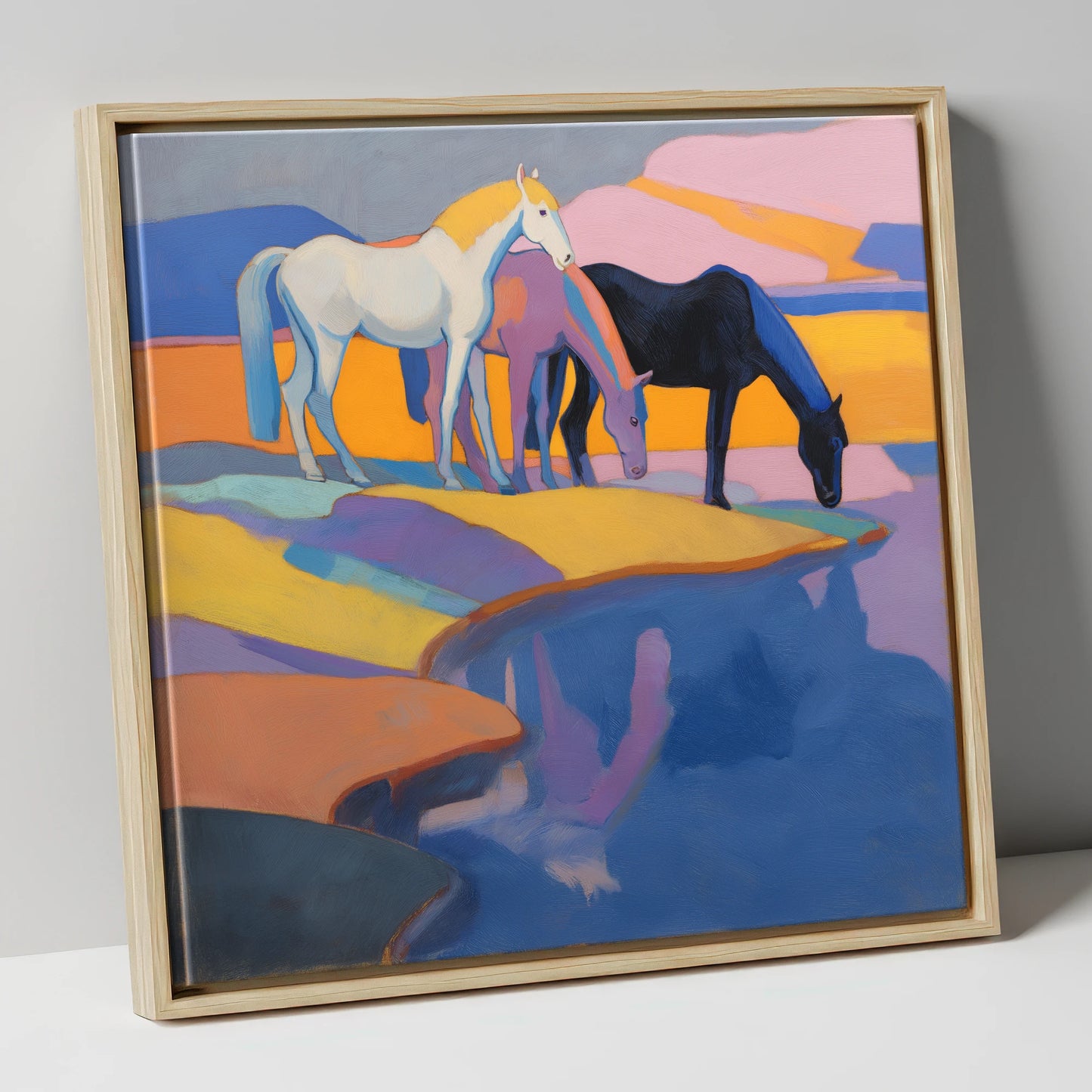 Colours of the Waterhole wild horses canvas wall art in natural frame