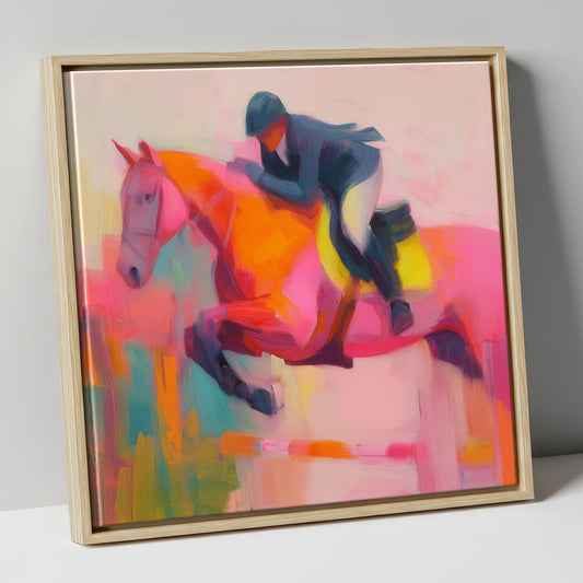 Flight in Vibrant Colour show jumping horse canvas wall art in natural frame
