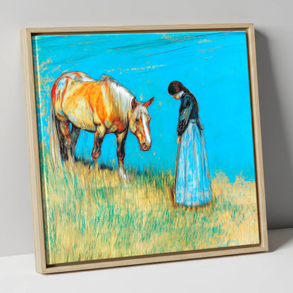 Cerulean Bond horse & rider canvas wall art in natural frame