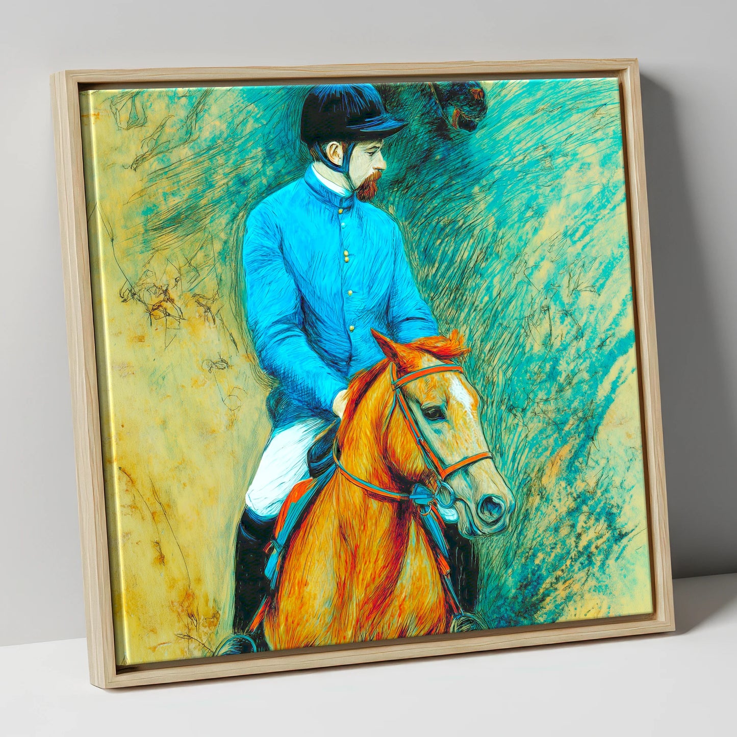 The Cerulean Jockey racing horse canvas wall art in natural frame
