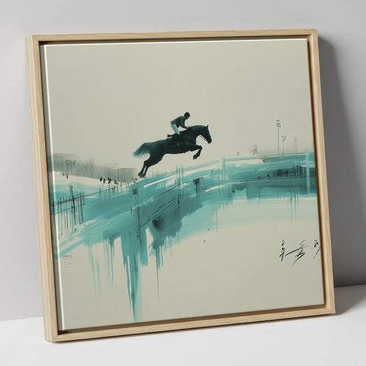 Airborne in Teal show jumping horse canvas wall art in natural frame