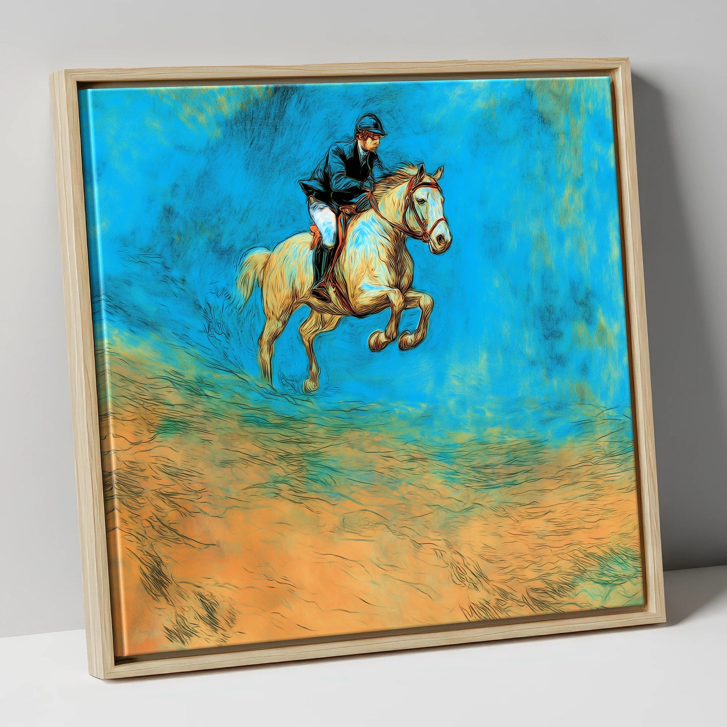 Flight in Cerulean show jumping horse canvas wall art in natural frame
