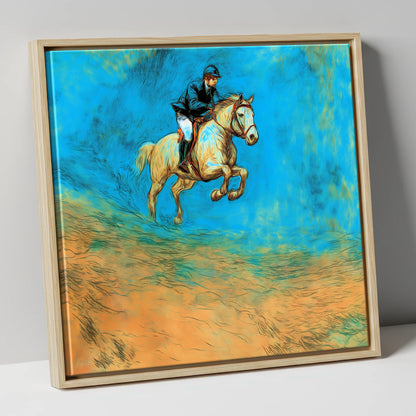 Flight in Cerulean show jumping horse canvas wall art in natural frame