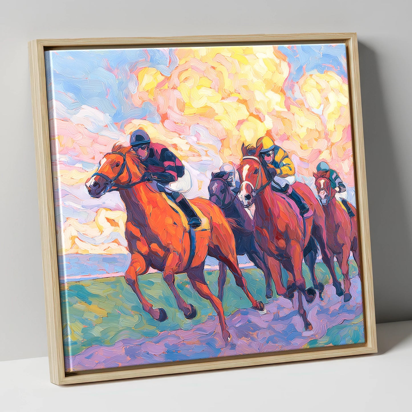 Thundering Sunset racing horse canvas wall art in natural frame