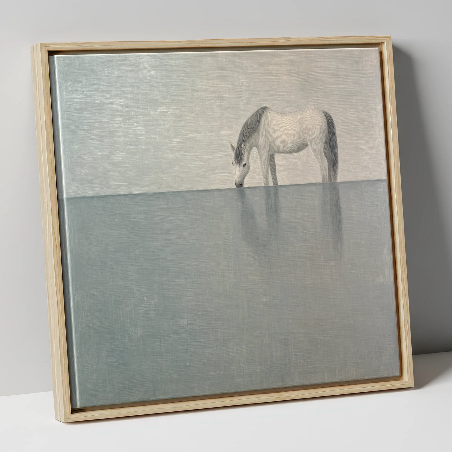 Silver Stillness horse landscape canvas wall art in natural frame
