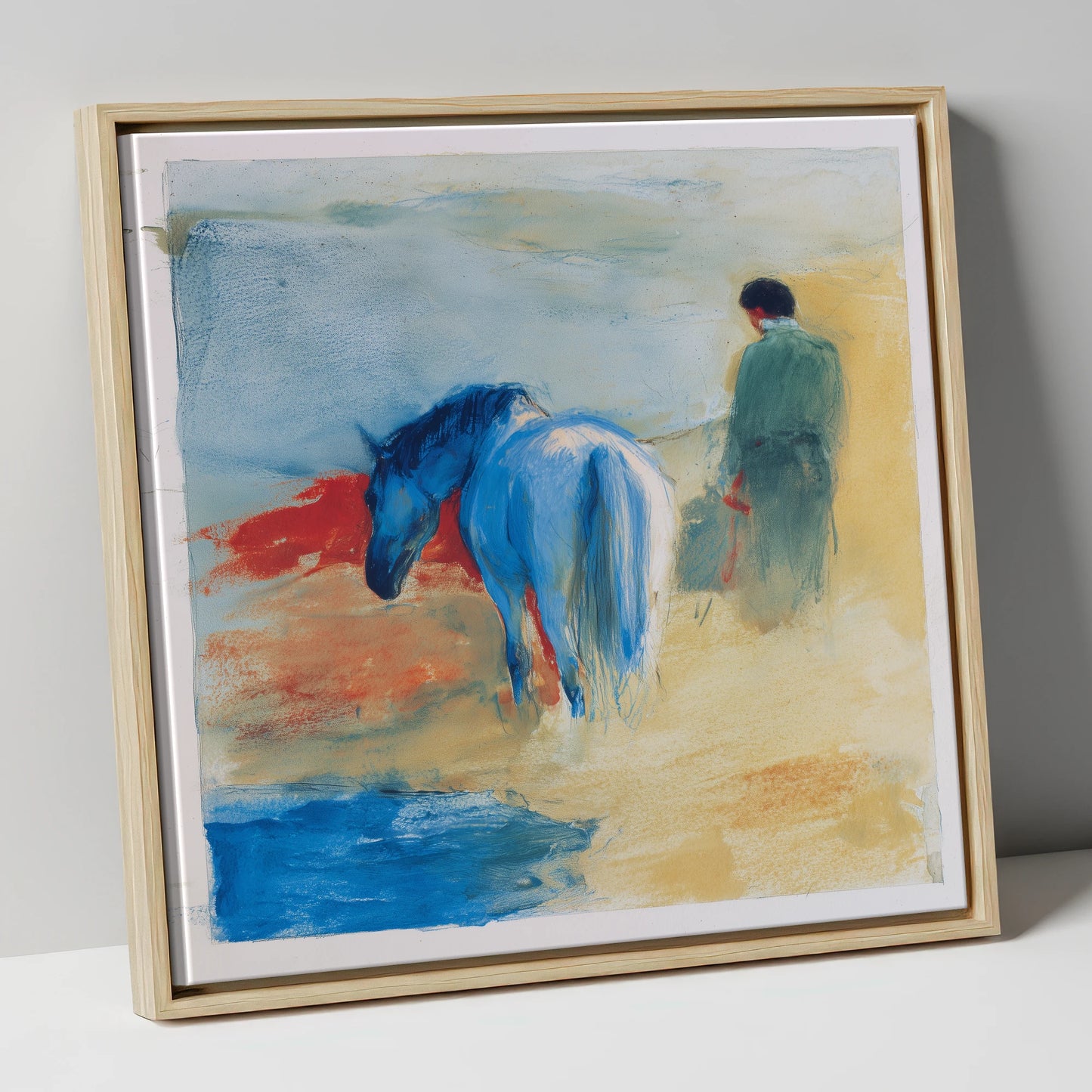 The Cobalt Companion horse & rider canvas wall art in natural frame
