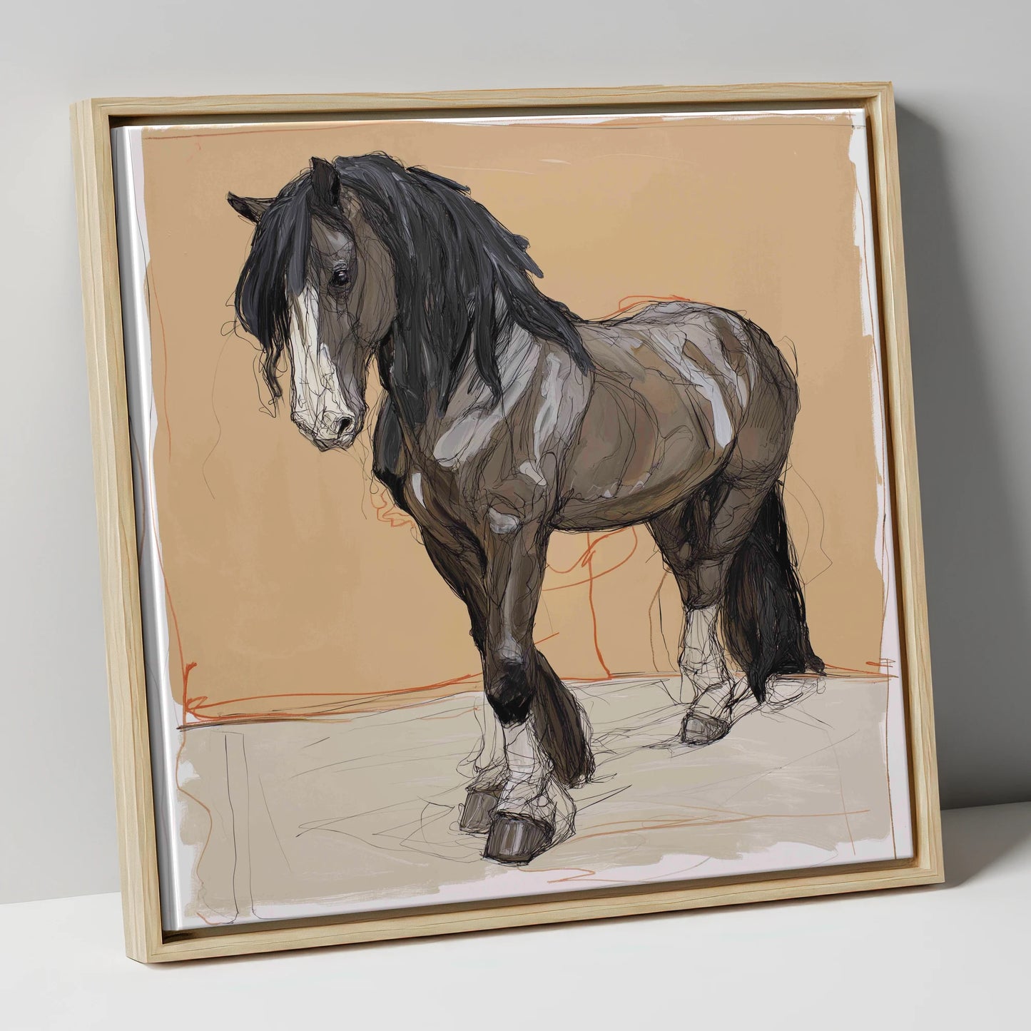 Feathered Strength horse breed canvas wall art in natural frame