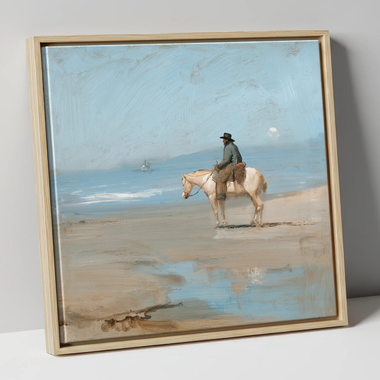 Coastal Contemplation horse landscape canvas wall art in natural frame