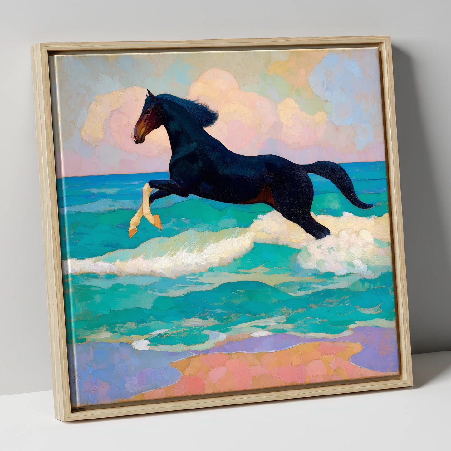 Cresting the Tide beach horse canvas wall art in natural frame