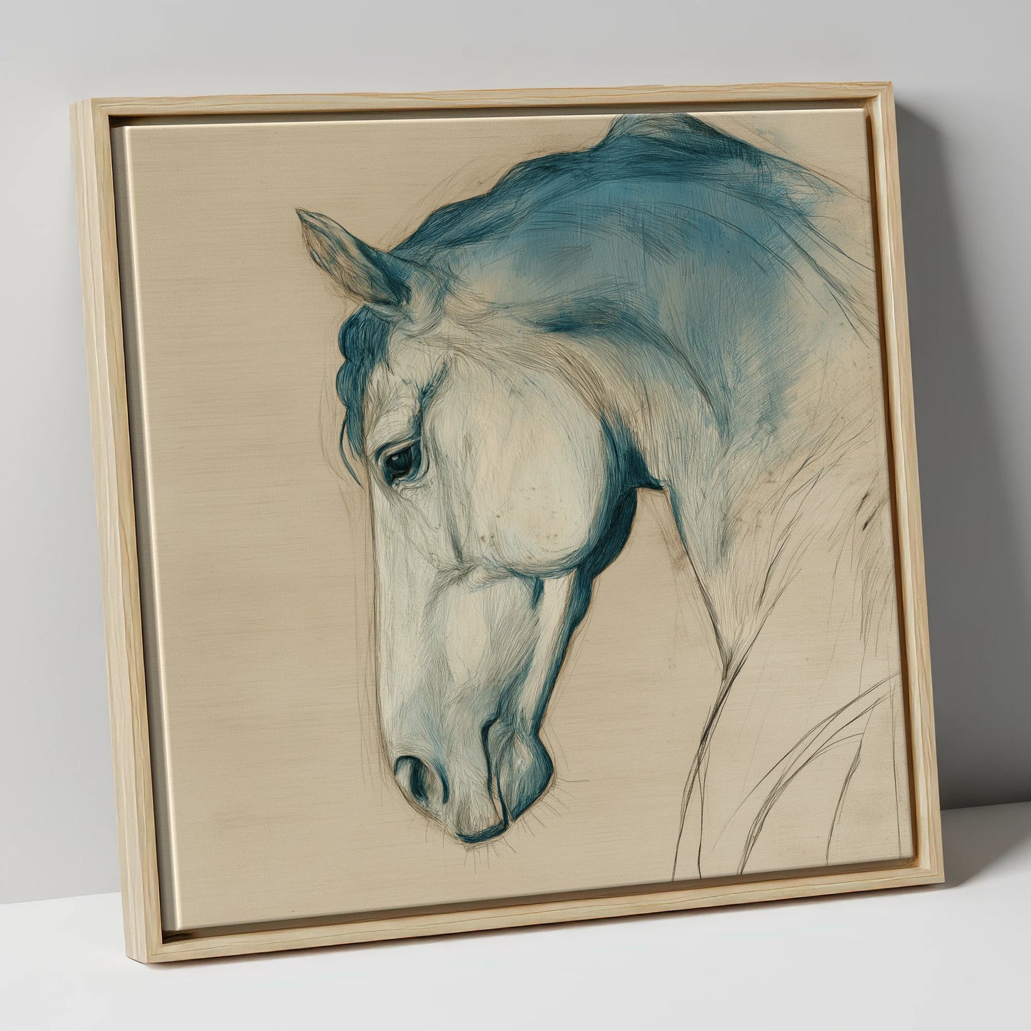 Teal Wash Equine Profile horse portrait canvas wall art in natural frame