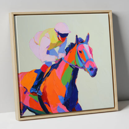 Vibrant Final Furlong racing horse canvas wall art in natural frame