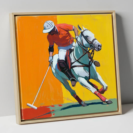 Mid-Swing Momentum polo horse canvas wall art in natural frame