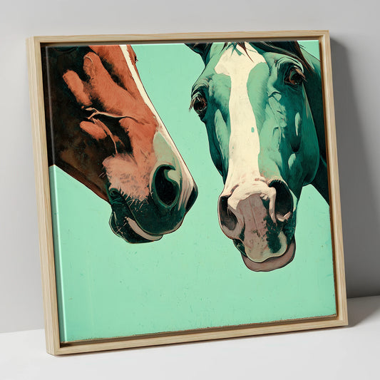 Inquisitive Companions horse portrait canvas wall art in natural frame