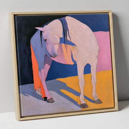 Vibrant Colour Block White Horse horse breed canvas wall art in natural frame