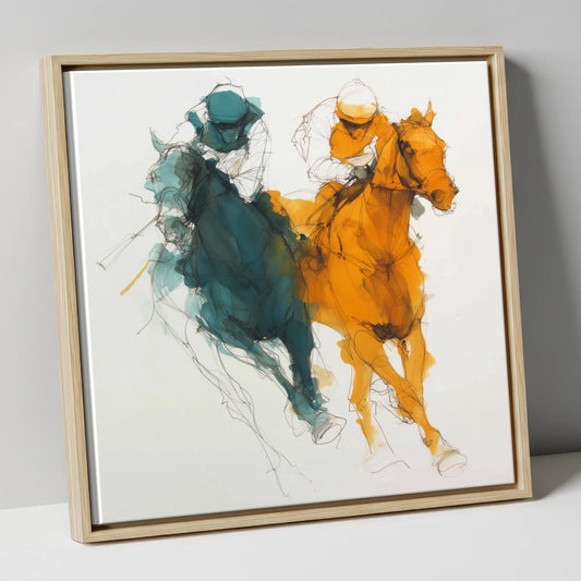 Dynamic Duel racing horse canvas wall art in natural frame