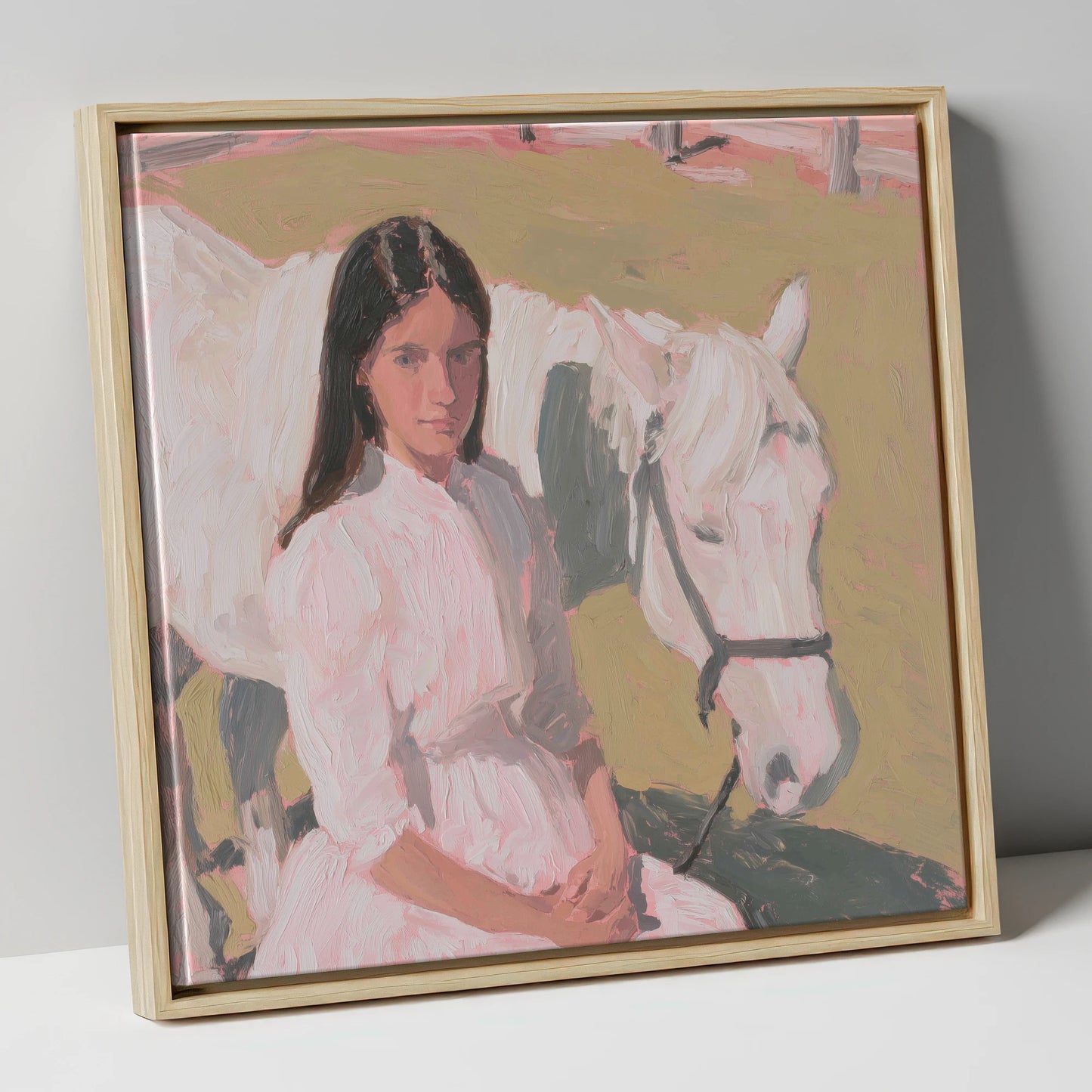 Pastel Companionship horse & rider canvas wall art in natural frame
