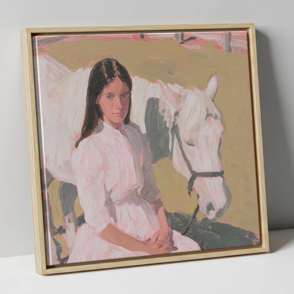 Pastel Companionship horse & rider canvas wall art in natural frame