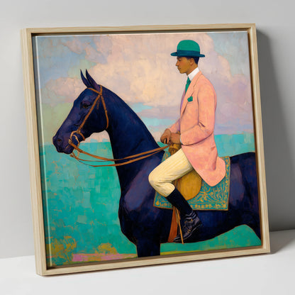 The Vivid Rider racing horse canvas wall art in natural frame
