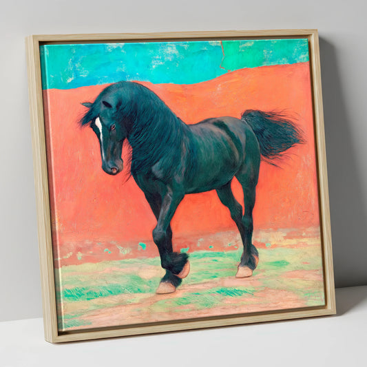 Bold Friesian Rhythm horse breed canvas wall art in natural frame