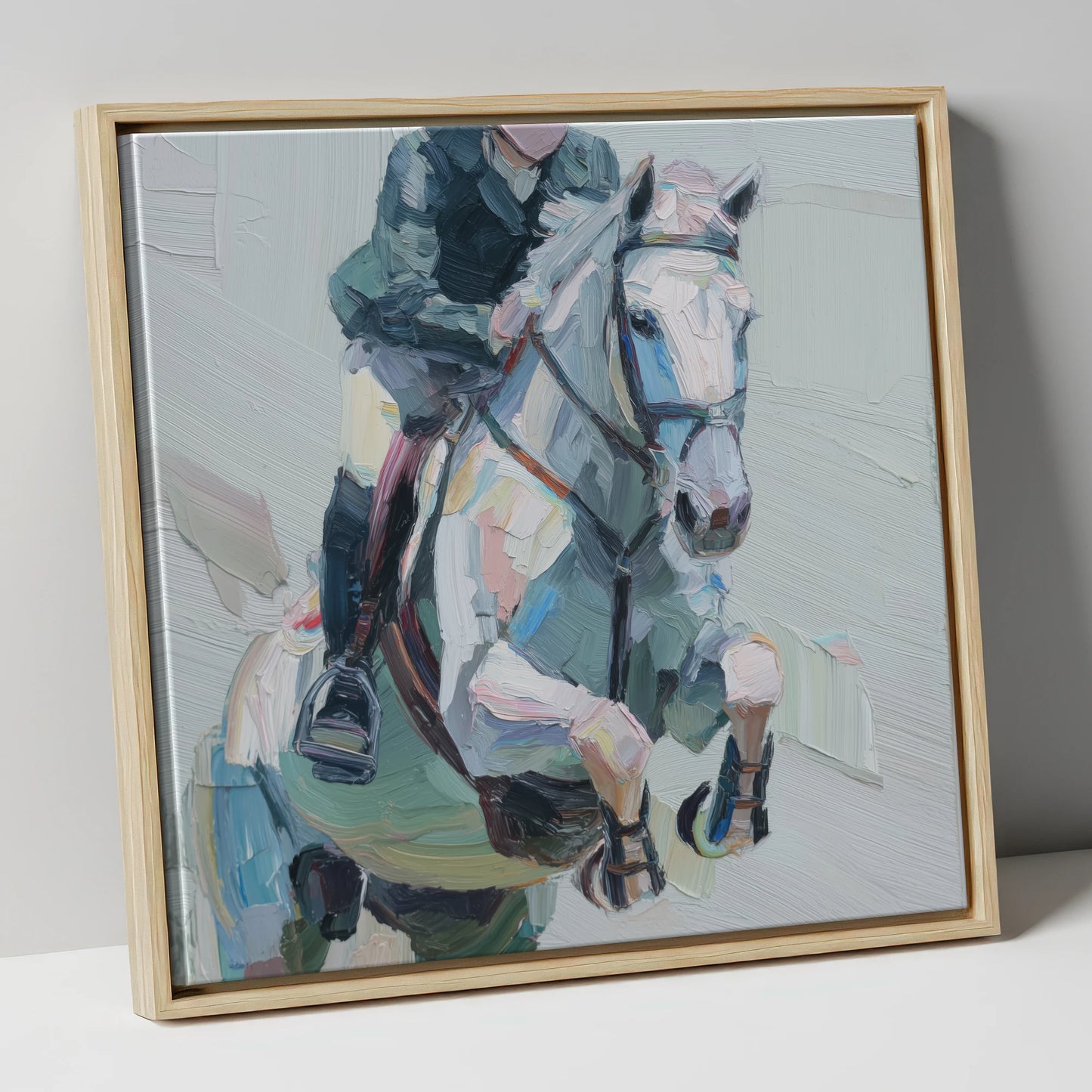 Flight in Grey show jumping horse canvas wall art in natural frame